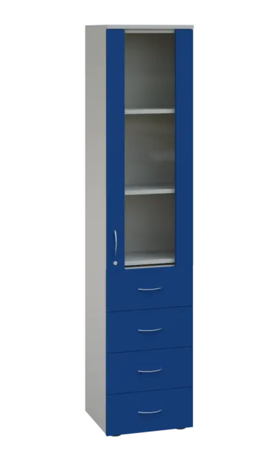 LE - 44 skříň léková prosklená, pravá, korpus šedý, dvířka královská modř